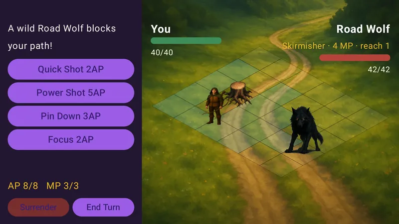 A turn-based battle on an isometric grid: the Ranger faces a Road Wolf, with the Quick Shot, Power Shot, Pin Down and Focus abilities ready.