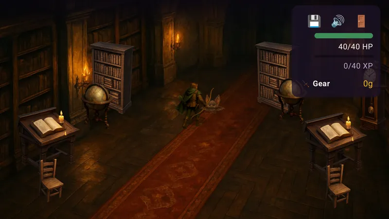 The Ranger and Pip walk a long red carpet between bookcases, globes and candlelit reading desks.