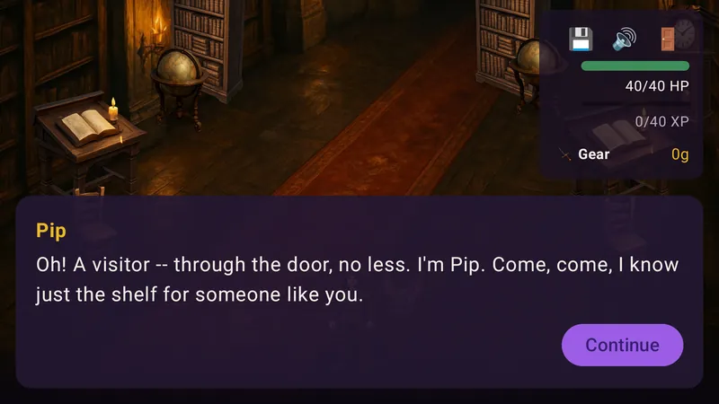 Pip the bat speaks in the candlelit library: Oh! A visitor, through the door, no less. I'm Pip. Come, come, I know just the shelf for someone like you.