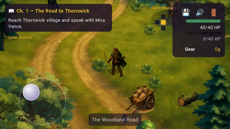 The Ranger walks a winding dirt road through the woods, past a cart of sacks. The chapter goal reads: Reach Thornwick village and speak with Mira Vance.