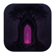The Mystical Door's icon: a glowing purple door in the trunk of a dark tree.